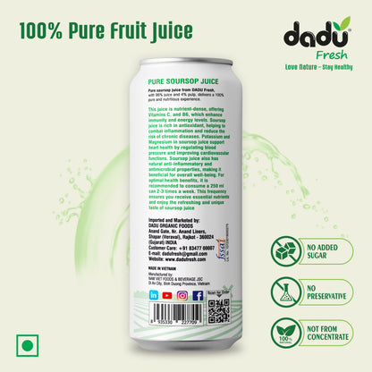 Dadu Fresh Soursop Juice – Pure Fruit Healthy Beverage, No Added Sugar, All-Natural Drink Packed with Antioxidants and Vitamin C – Supports Immunity and Wellness | 250 ML Can | (Pack of 4)
